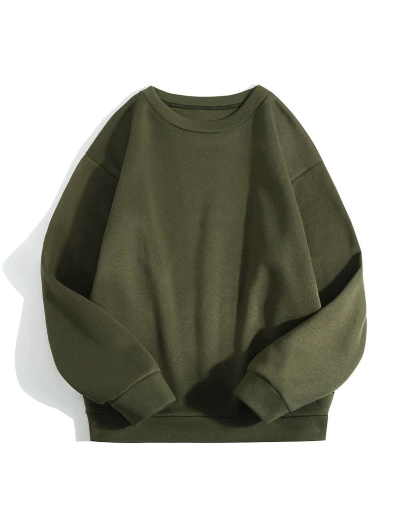 Marjaan Round Neck Plain Fleece Sweatshirt - Khaki Green