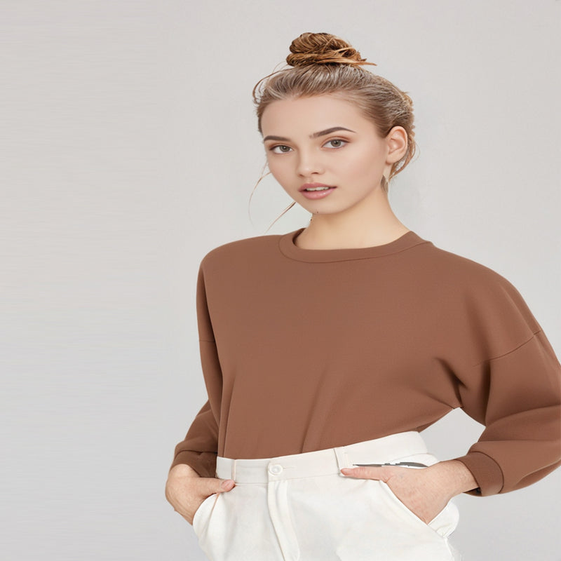 Marjaan Round Neck Plain Fleece Sweatshirt - Brown