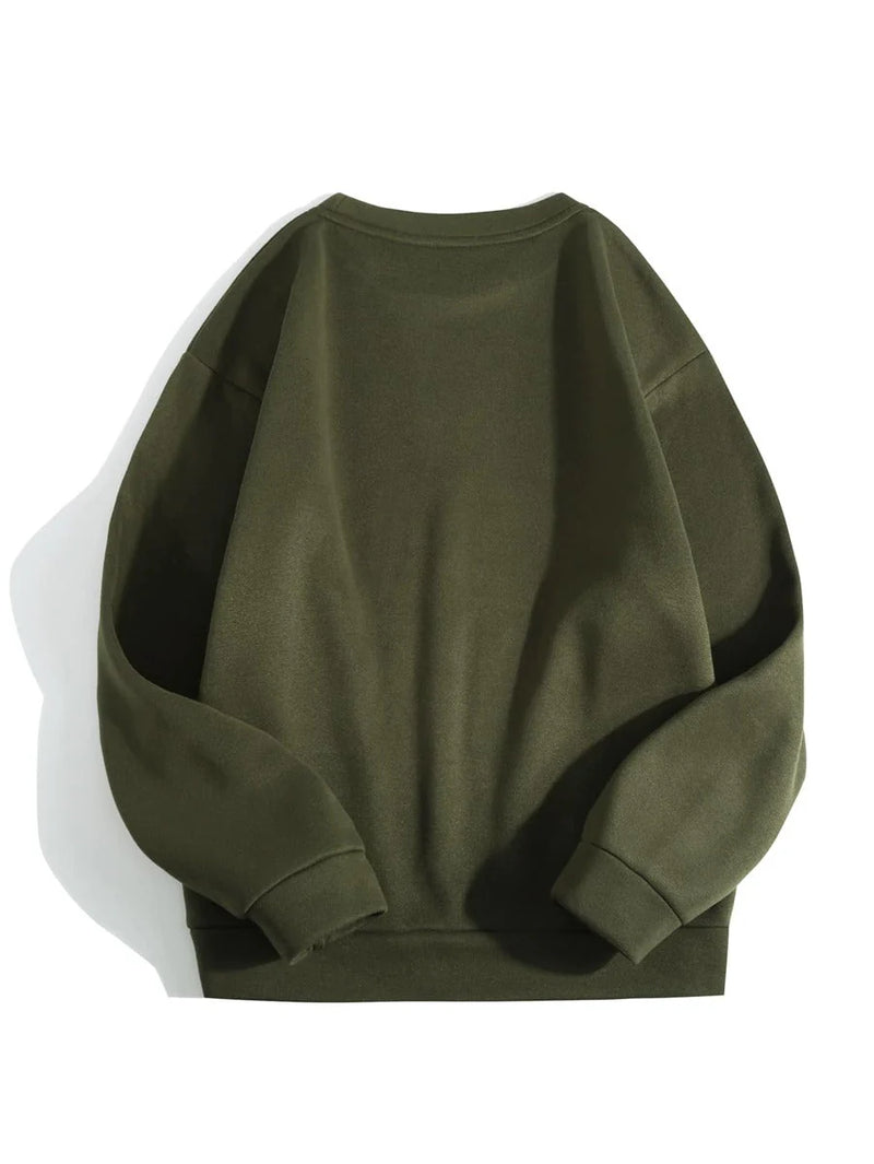 Marjaan Round Neck Plain Fleece Sweatshirt - Khaki Green