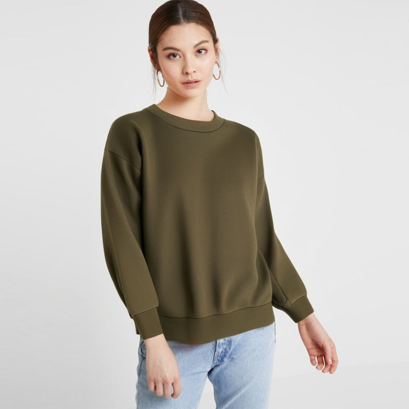 Marjaan Round Neck Plain Fleece Sweatshirt - Khaki Green