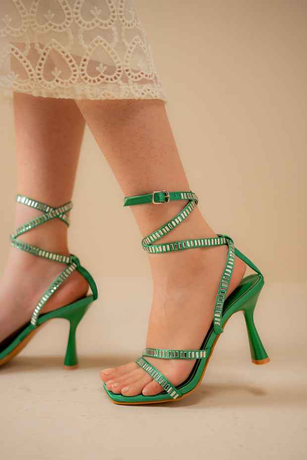 Green Embellished Strappy Heels