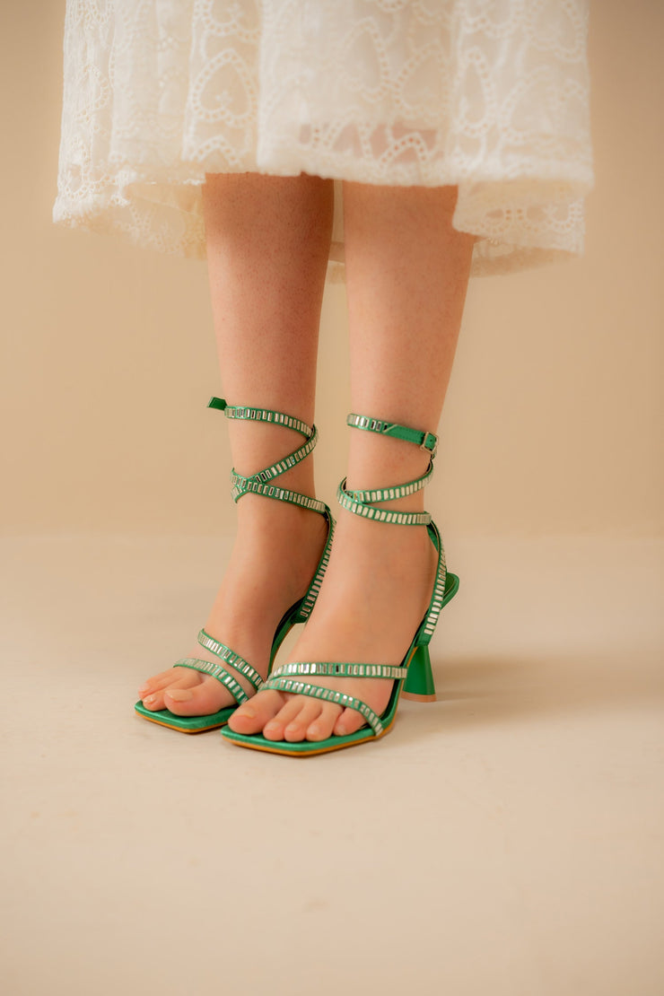 Green Embellished Strappy Heels
