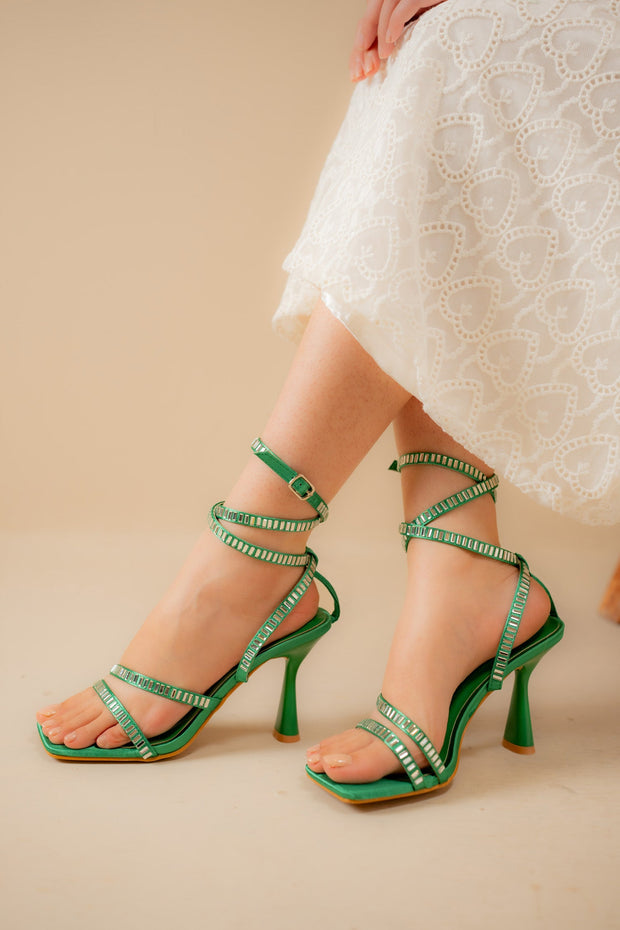Green Embellished Strappy Heels