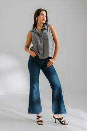 Sleeveless Button-down Chambray Shirt