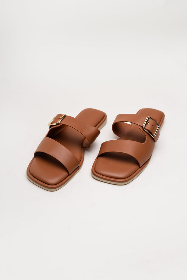 Tan Buckle Strap Flat Slides