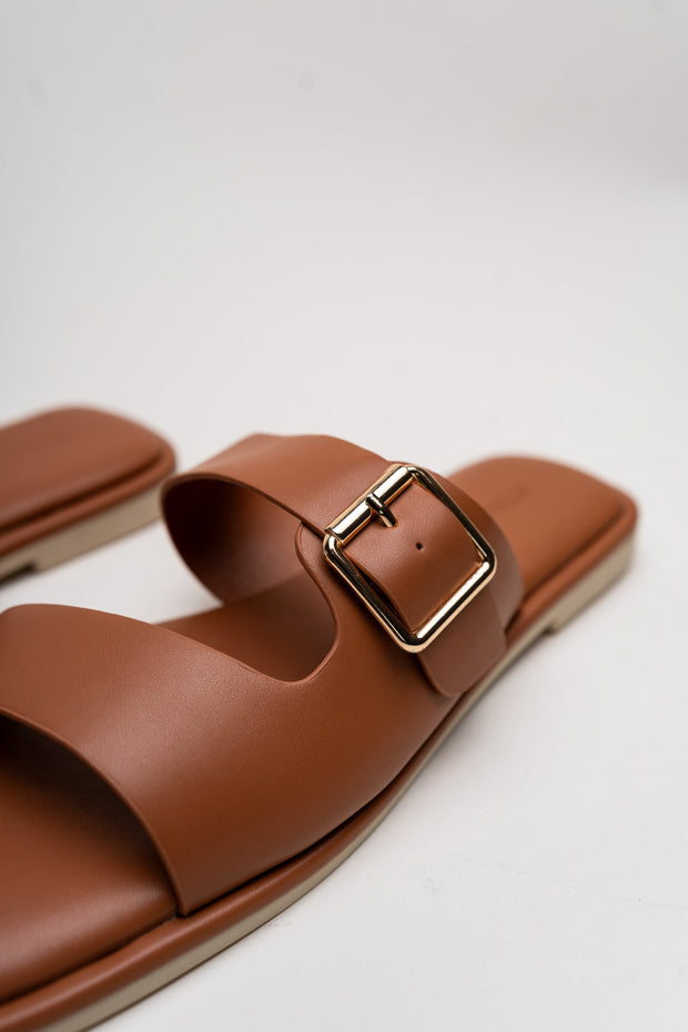 Tan Buckle Strap Flat Slides