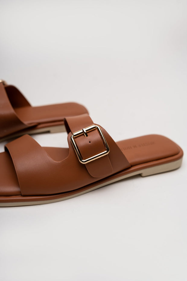 Tan Buckle Strap Flat Slides