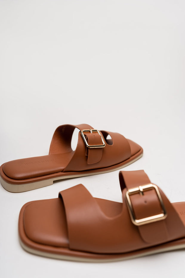 Tan Buckle Strap Flat Slides