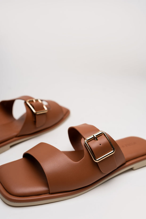 Tan Buckle Strap Flat Slides