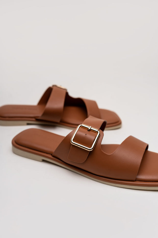 Tan Buckle Strap Flat Slides