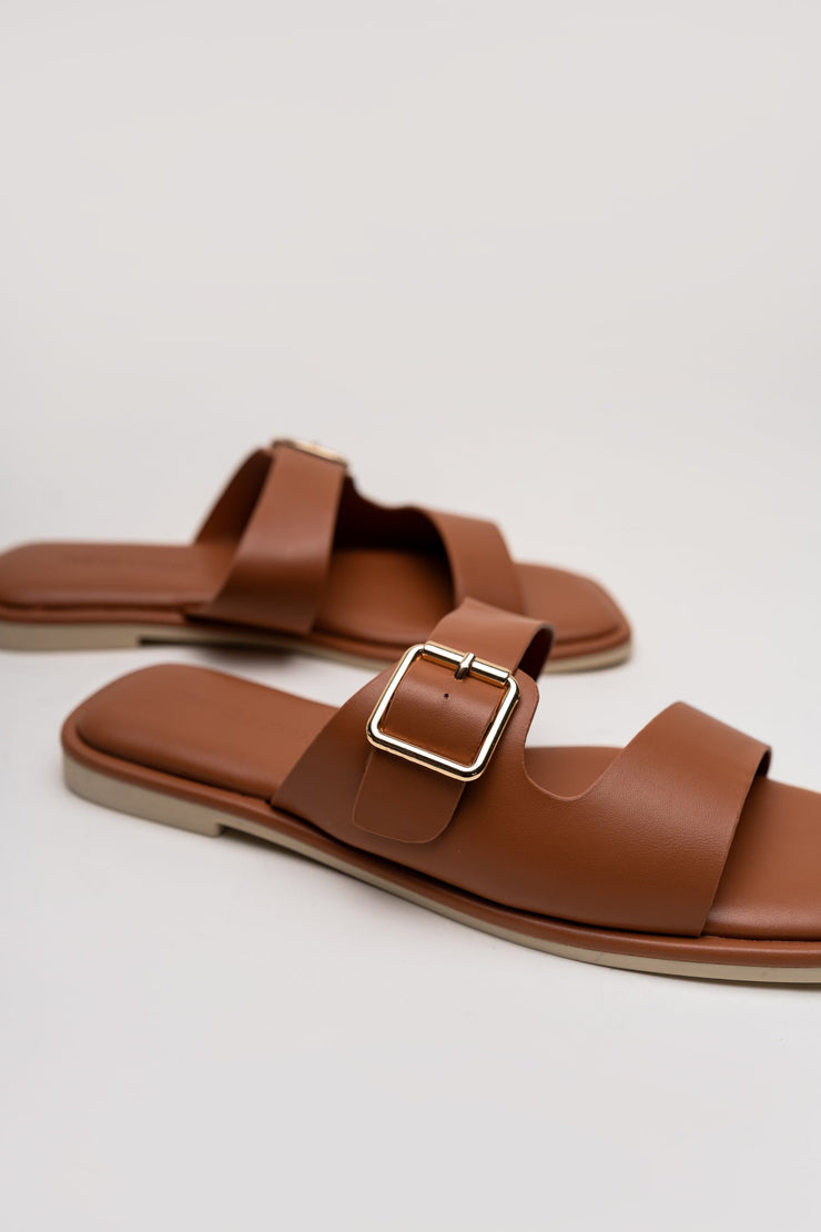 Tan Buckle Strap Flat Slides