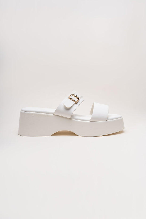 White Chunky Buckle Flats