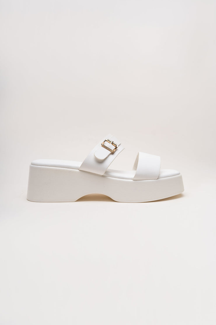 White Chunky Buckle Flats