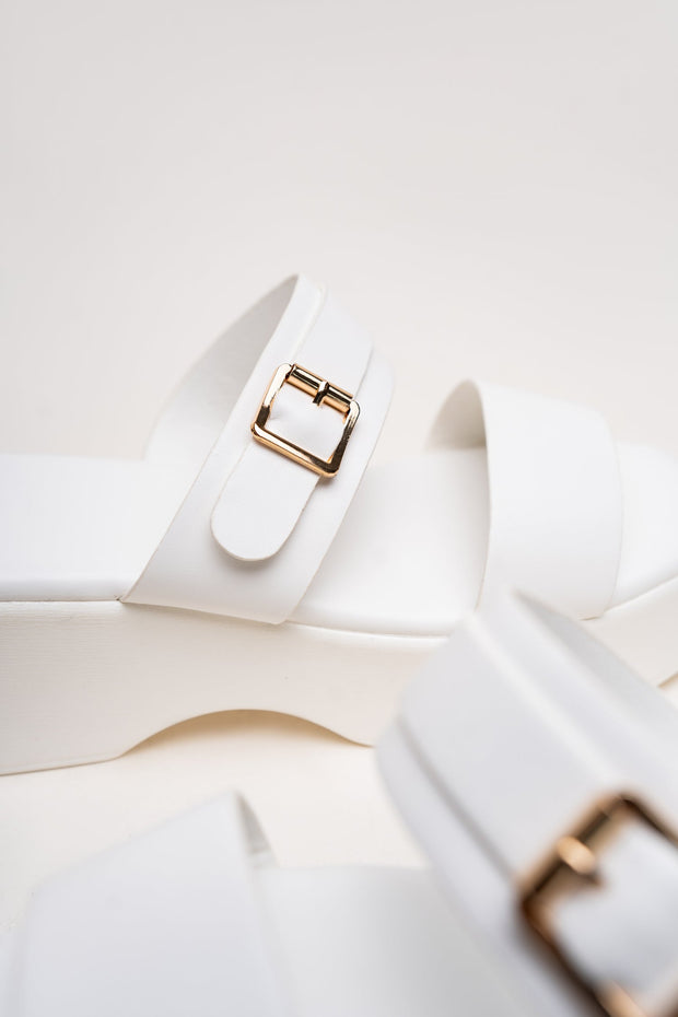 White Chunky Buckle Flats