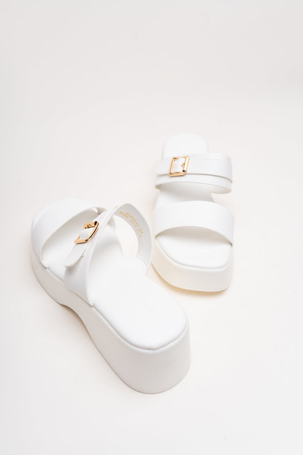 White Chunky Buckle Flats