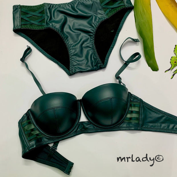 FAUX LEATHER HALF CUP BRA SET