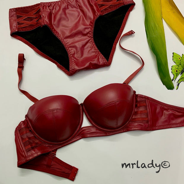 FAUX LEATHER HALF CUP BRA SET