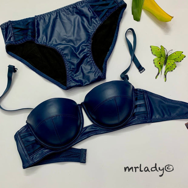 FAUX LEATHER HALF CUP BRA SET