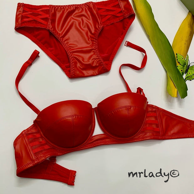 FAUX LEATHER HALF CUP BRA SET
