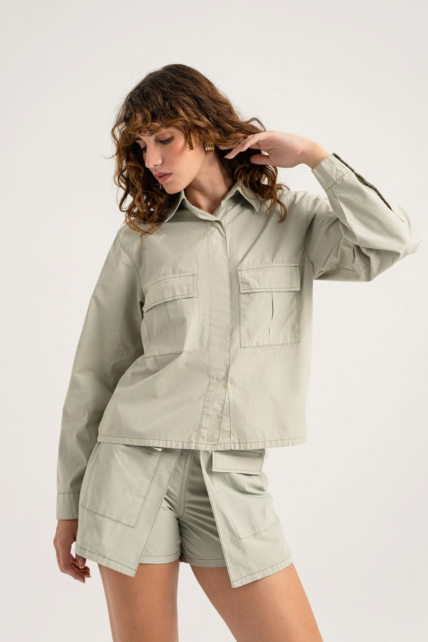Sage Green Relaxed Fit Crop Shirt