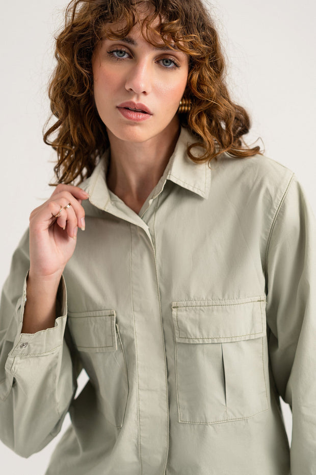 Sage Green Relaxed Fit Crop Shirt