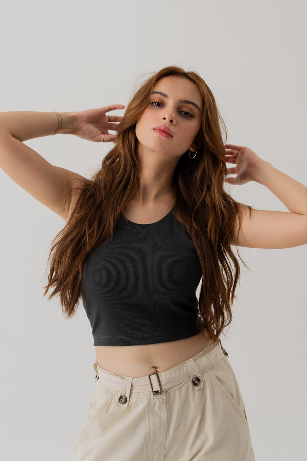 CHARCOAL GREY RIBBED TANK TOP