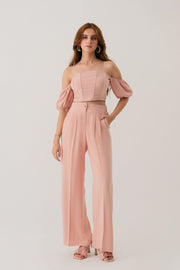 PEACH LINEN OFF SHOULDER CROPPED CORSET TOP
