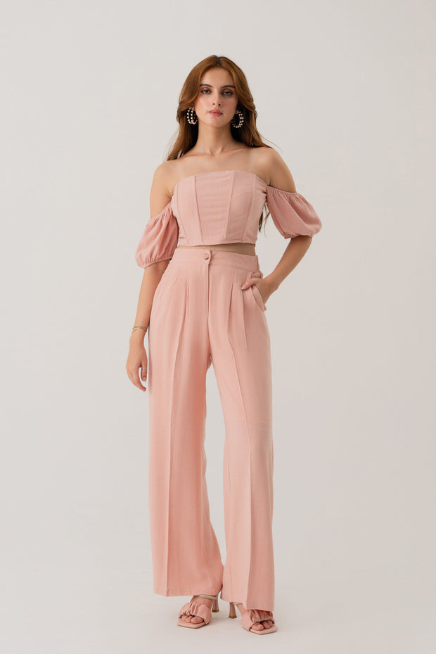 PEACH LINEN OFF SHOULDER CROPPED CORSET TOP