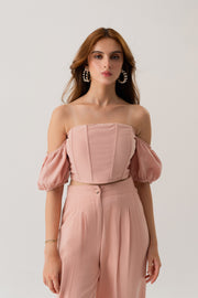 PEACH LINEN OFF SHOULDER CROPPED CORSET TOP