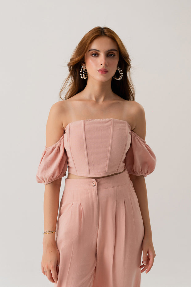 PEACH LINEN OFF SHOULDER CROPPED CORSET TOP