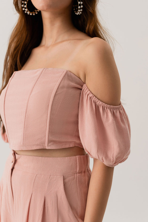 PEACH LINEN OFF SHOULDER CROPPED CORSET TOP