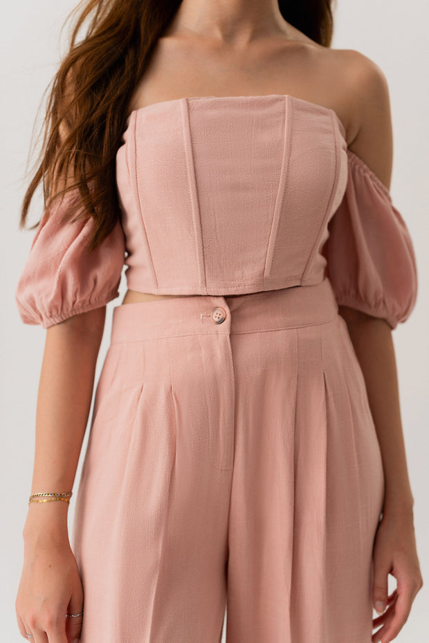 PEACH LINEN OFF SHOULDER CROPPED CORSET TOP