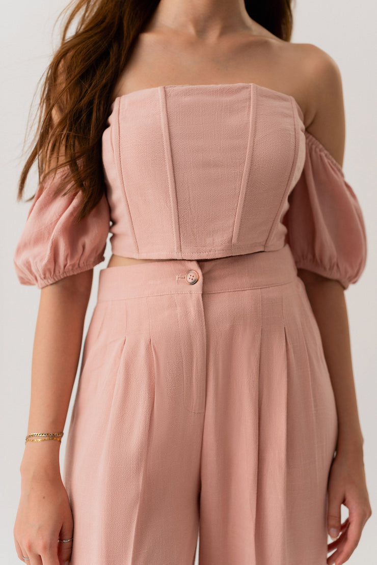 PEACH LINEN OFF SHOULDER CROPPED CORSET TOP