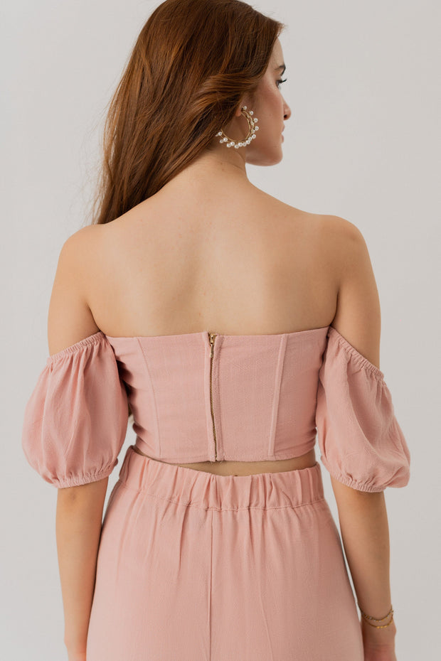 PEACH LINEN OFF SHOULDER CROPPED CORSET TOP