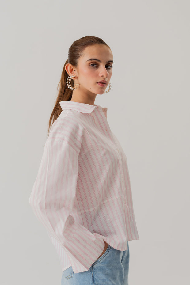 STRIPED POPLIN LOOSE FIT BUTTON DOWN SHIRT