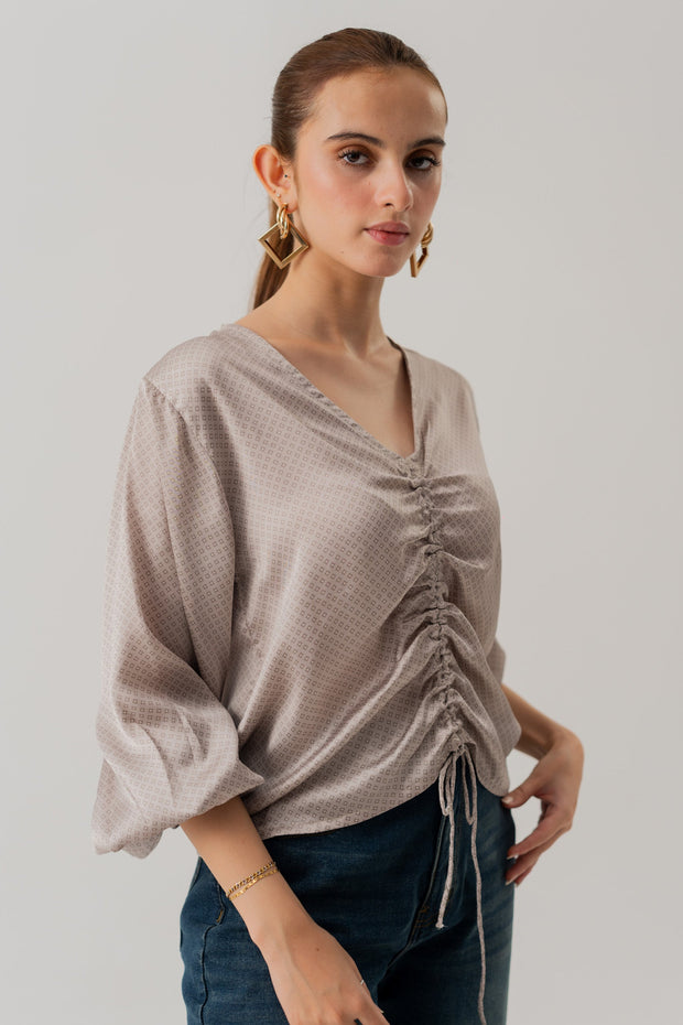 Grey Loose fit Front Tie Blouse