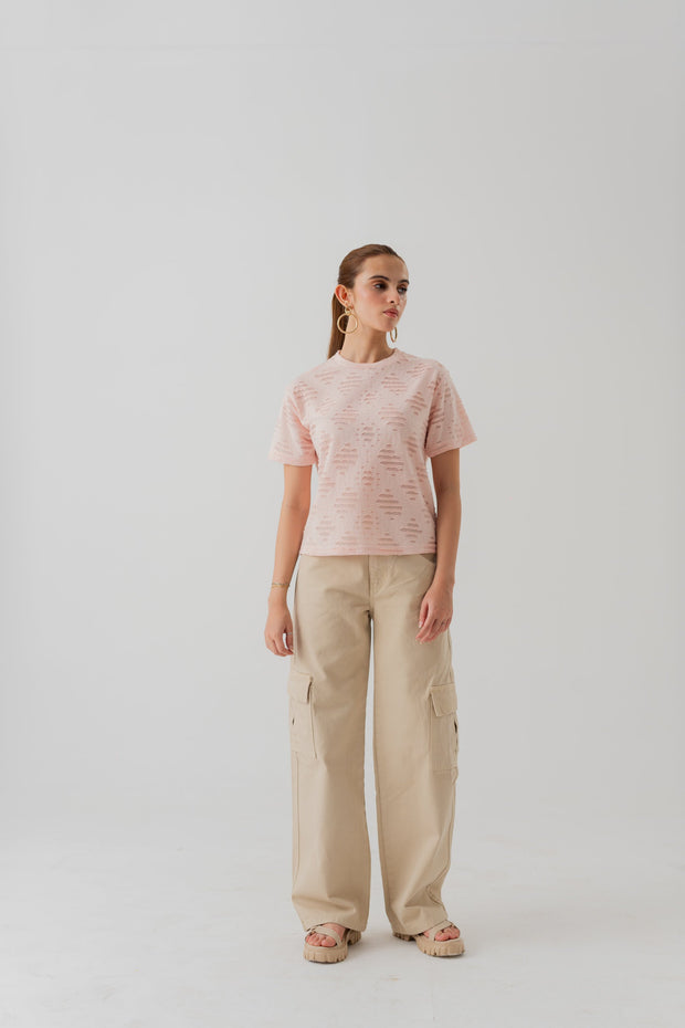 LIGHT PINK TEXTURED CROPPED REGULAR FIT T-SHIRT