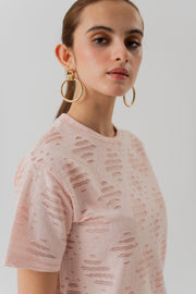 LIGHT PINK TEXTURED CROPPED REGULAR FIT T-SHIRT