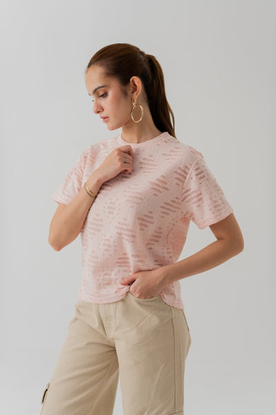 LIGHT PINK TEXTURED CROPPED REGULAR FIT T-SHIRT