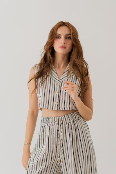 STRIPED LINEN SHAWL COLLAR CROPPED TOP