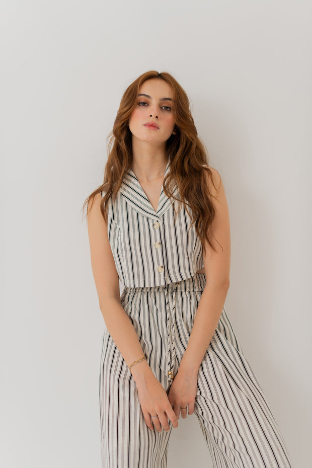 STRIPED LINEN SHAWL COLLAR CROPPED TOP