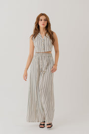 STRIPED LINEN SHAWL COLLAR CROPPED TOP