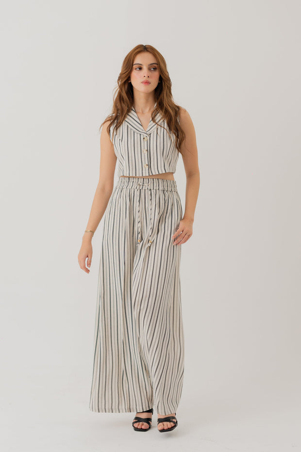 STRIPED LINEN SHAWL COLLAR CROPPED TOP