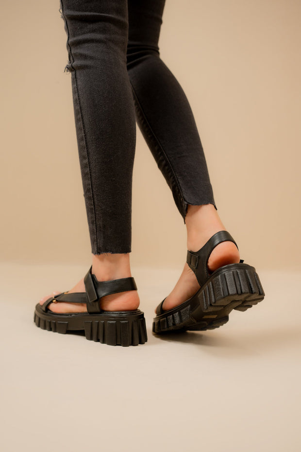 Black Chunky Sandals with Track Sole